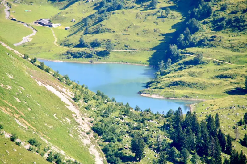 A mountain lake between green slopes, seen from above