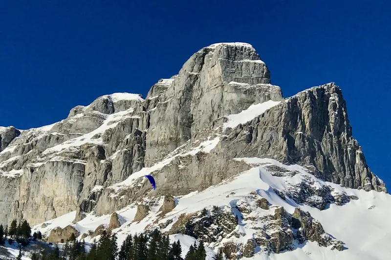 A paraglider in front of a snowy rock face